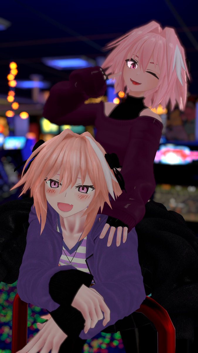 Vixen_RouxVR's tweet photo. Chaldea summoned two of us, so technically... one of us is doing the chores while we're both at the arcade, right? Don't tell Master! 🤫
Hanging with @Emerald_Afia 
#Astolfo #アストルフォ #Fate #FGO #FateApocrypha https://t.co/LZrjdVYQ4h