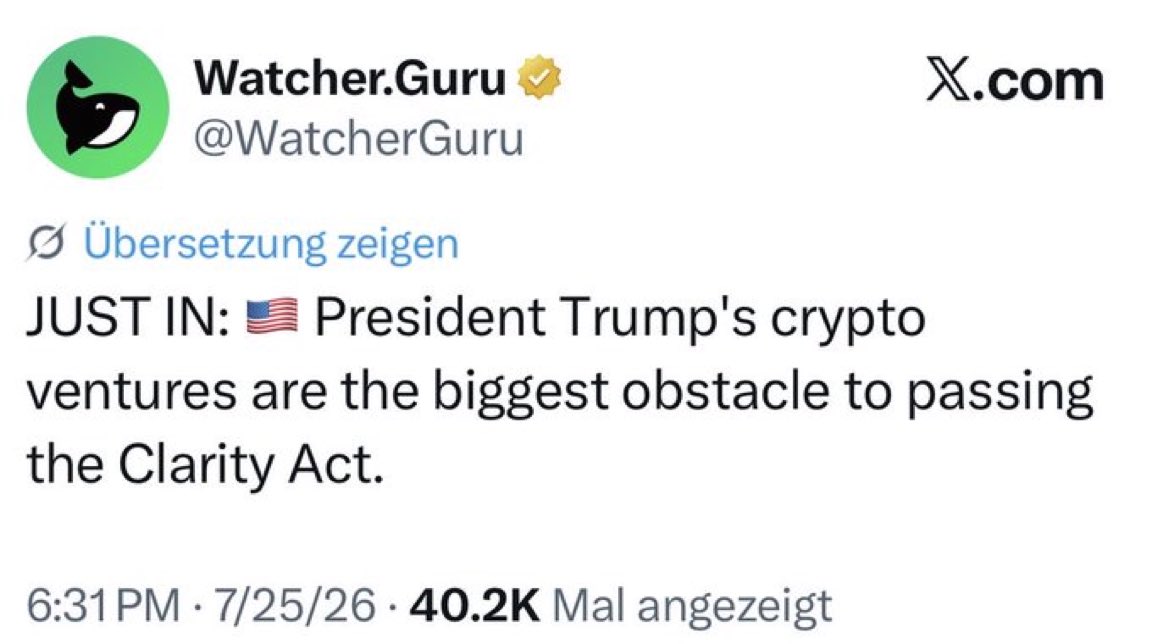 wizzynxgen's tweet photo. 🚨 BREAKING: U.S. PRESIDENT TRUMP‘S CRYPTO VENTURES ARE THE BIGGEST OBSTACLE TO PASSING THE CLARITY ACT! ⚖️ https://t.co/MGv0YzuH6o