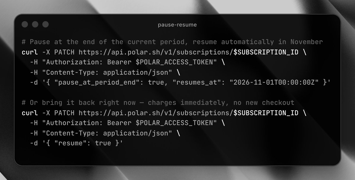 BourdonFast's tweet photo. Pause a subscription on @polar_sh  instead of canceling it.

Billing stops at the end of the current period. The payment method stays on file, so resuming charges the customer right away with no second checkout.

Built for seasonal plans and account freezes. https://t.co/bowt3wjTTF