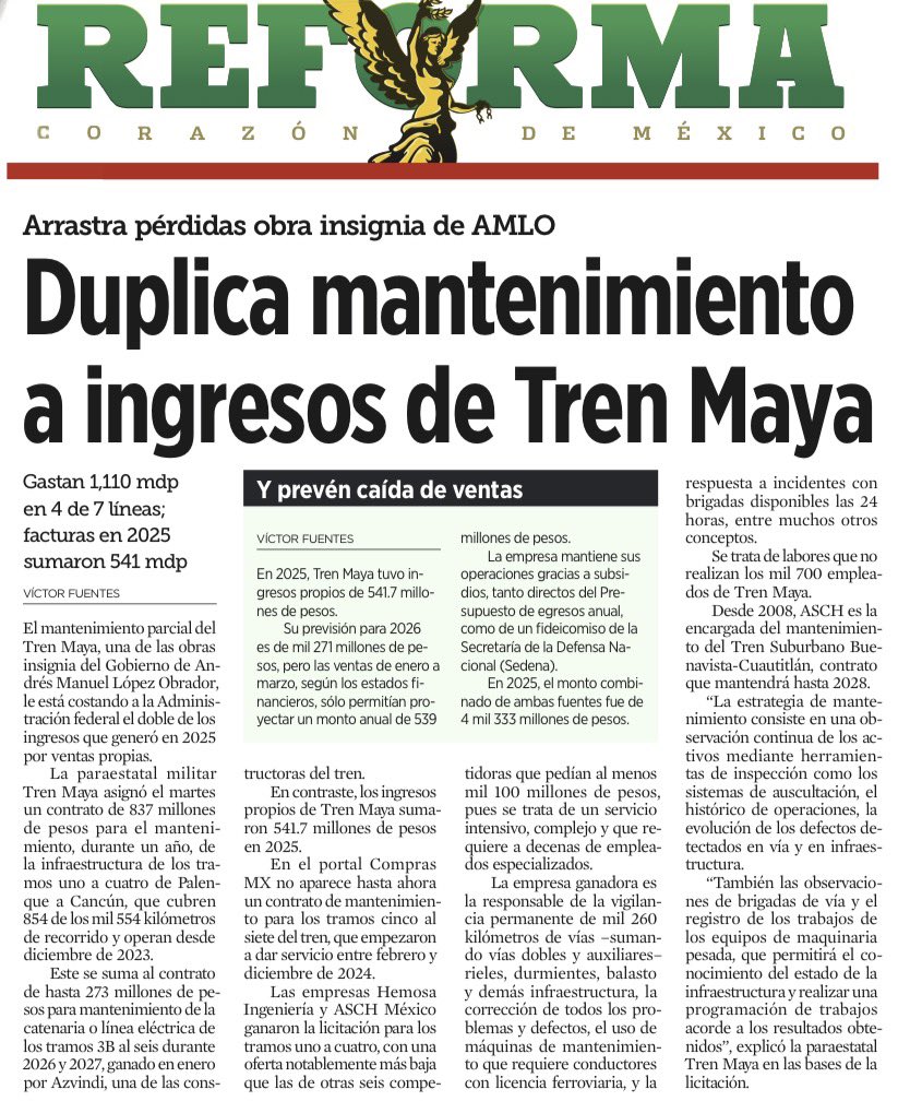 bereaguilarv's tweet photo. Miren, la “obra estrella” de López sigue viviendo del dinero de los mexicanos.

El mantenimiento del Tren Maya costará 1,110 mdp en 2026.

En 2025 apenas obtuvo 541.7 mdp por ingresos propios.

Mantener cuatro tramos cuesta más del doble de lo que recauda.

Y, además, prevén una caída en las ventas.