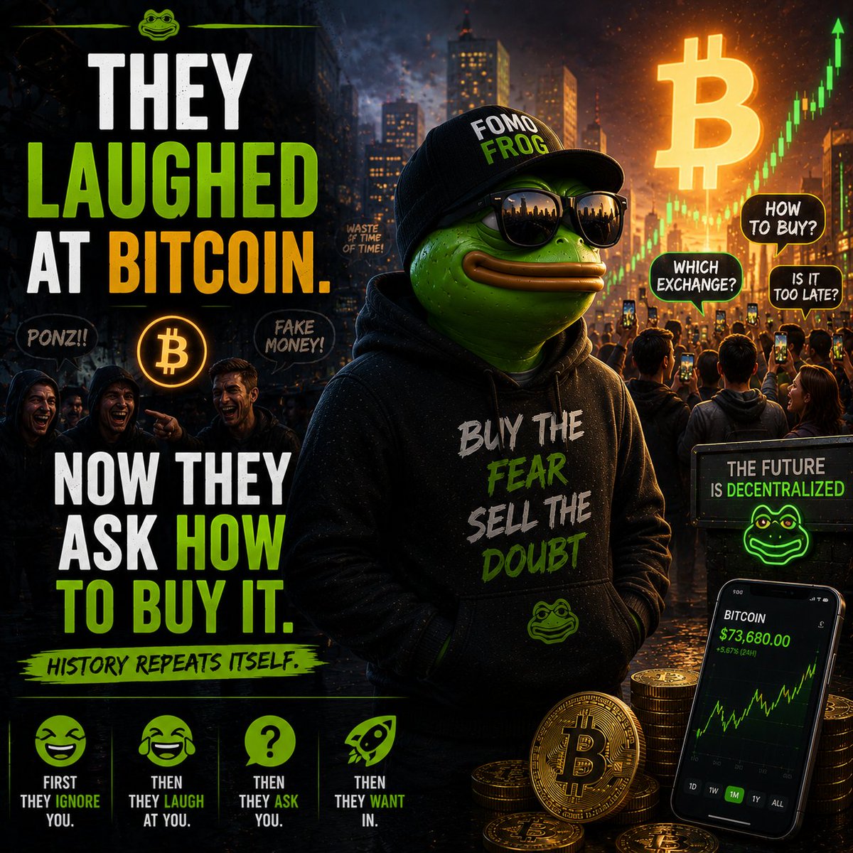 FOMOFROGHQ's tweet photo. First they ignore you.
Then they laugh at you.
Then they ask you how to buy Bitcoin.
History repeats itself. πΈ
#Bitcoin #BTC #Crypto #FOMOFROG https://t.co/VYP8v35Z7g