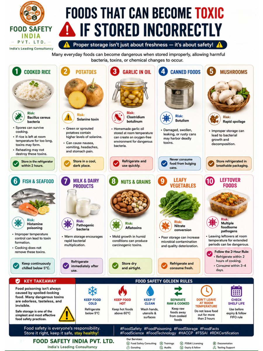 FoodSafety14991's tweet photo. Did you know everyday foods like rice, potatoes, seafood, dairy, and leftovers can become unsafe if stored incorrectly?
❄️ Refrigerate on time. Store smart. Stay safe.
#FoodSafety #FoodStorage #KitchenSafety #SafeFood #FoodHygiene #FoodSafetyIndia #StaySafe #HealthyEating https://t.co/BvG7CXqA3a