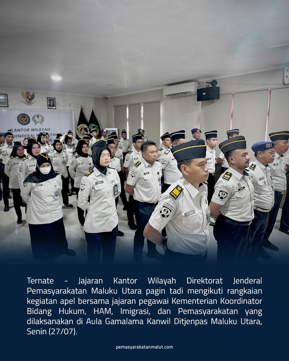 ditjenpasmalut's tweet photo. Jajaran Kanwil Ditjenpas Maluku Utara mengikuti apel bersama pegawai Kemenko Bidang Hukum, HAM, Imigrasi, dan Pemasyarakatan di Aula Gamalama, Senin (27/07).

Berita selengkapnya : https://t.co/6wGVzbSrwt https://t.co/ybXsoXwxz1
