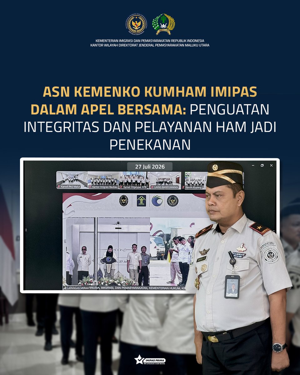 ditjenpasmalut's tweet photo. Jajaran Kanwil Ditjenpas Maluku Utara mengikuti apel bersama pegawai Kemenko Bidang Hukum, HAM, Imigrasi, dan Pemasyarakatan di Aula Gamalama, Senin (27/07).

Berita selengkapnya : https://t.co/6wGVzbSrwt https://t.co/ybXsoXwxz1