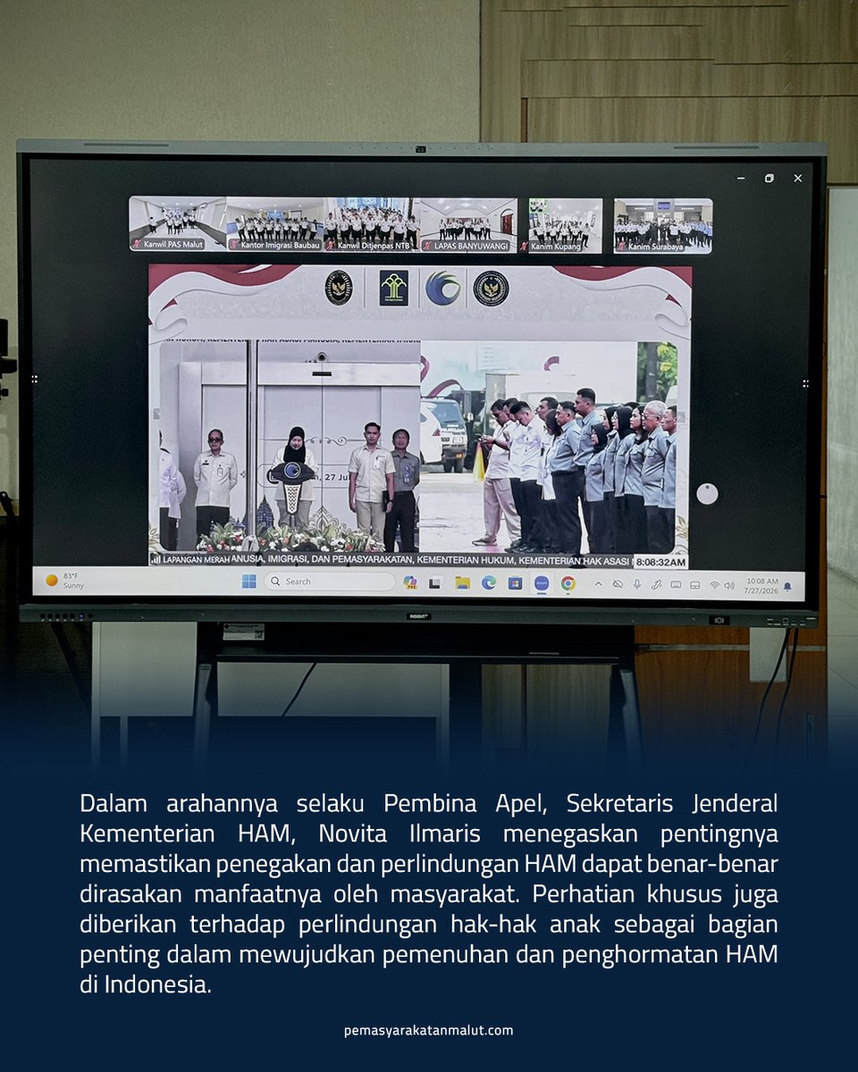 ditjenpasmalut's tweet photo. Jajaran Kanwil Ditjenpas Maluku Utara mengikuti apel bersama pegawai Kemenko Bidang Hukum, HAM, Imigrasi, dan Pemasyarakatan di Aula Gamalama, Senin (27/07).

Berita selengkapnya : https://t.co/6wGVzbSrwt https://t.co/ybXsoXwxz1
