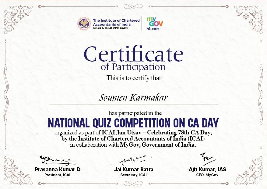 ISoumenKmk's tweet photo. Proud to share that I have successfully participated in the #NationalQuizCompetition on CA Day, organized as part of ICAI Jan Utsav celebrating the 78th CA Day by The Institute of Chartered Accountants of India (ICAI) in collaboration with MyGov #GovernmeofIndia

@mygovindia https://t.co/33gG5RXyx1