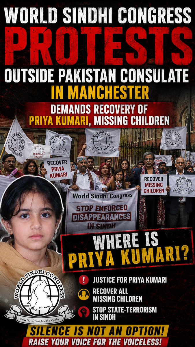 BalochDakait's tweet photo. 🚨 World Sindhi Congress protested outside the #Pakistan Consulate in Manchester, calling for the recovery of #PriyaKumari and other missing children. Every missing child deserves answers, #Justice , and hope. 🕊️✊ #Sindh #HumanRights #MissingChildren #Manchester #BreakingNews 🌍 https://t.co/KzyZzf61h8