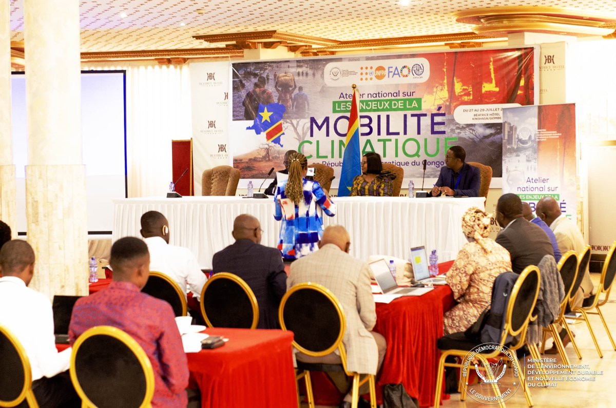 medd_nec's tweet photo. Mobilité climatique en RDC : un atelier national pour structurer la réponse face aux déplacements liés au climat. Cet  atelier est lancé ce lundi à Kinshasa, ce 27 juillet 2026 à l’Hôtel Béatrice. https://t.co/T9IyFeR1Pq
