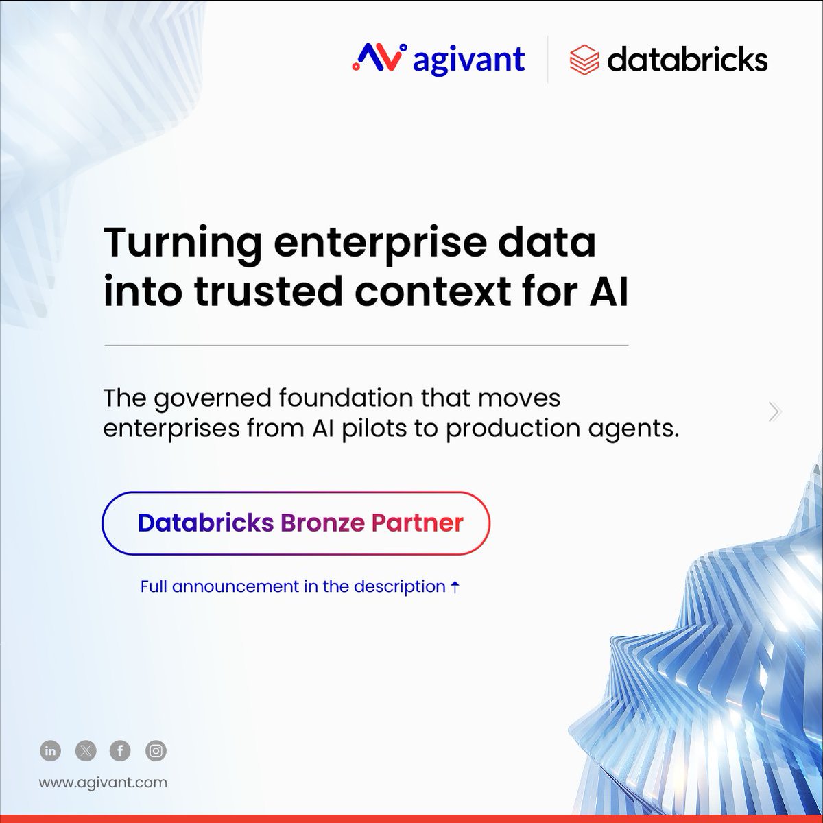 AgivantTech's tweet photo. Agivant Technologies is now a Databricks Bronze Partner.

The advantage now comes from context, the governed data, and business logic that make an answer trustworthy enough to act on.

Read the full announcement here: https://t.co/MneI8jNmOl

#databricks #partnership https://t.co/q1DVxkJYt9