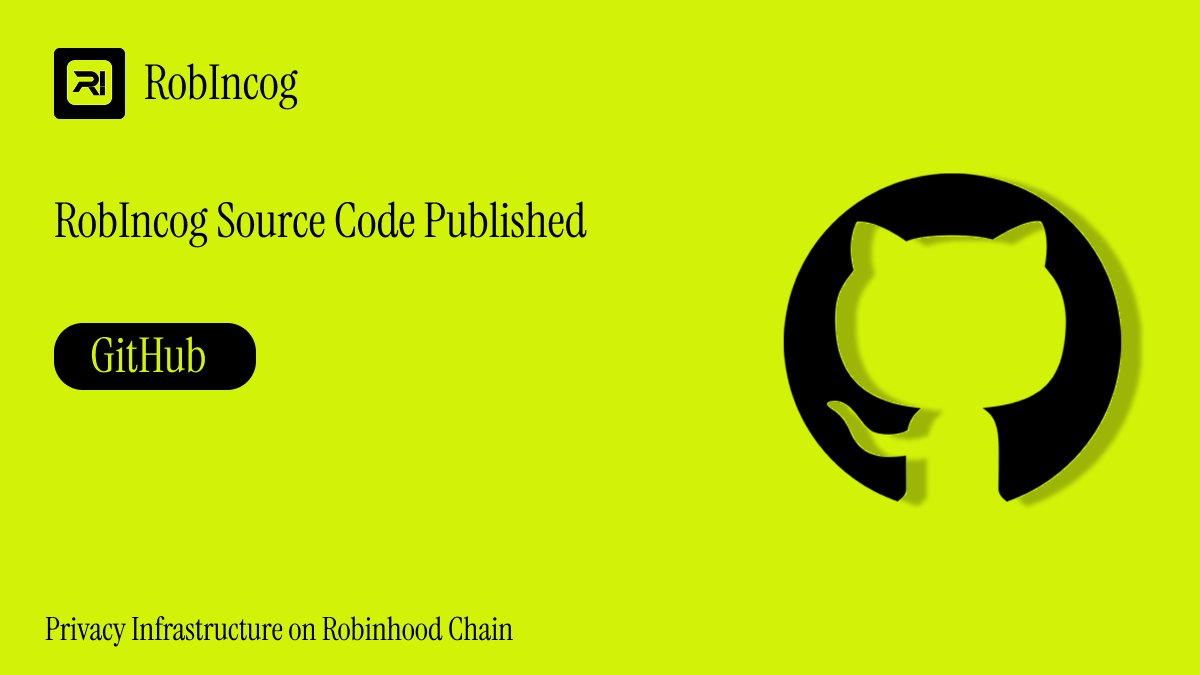 robIncog_'s tweet photo. RobIncog source code is now published on GitHub.

Privacy should be verifiable, not just promised.

That is why RobIncog is open-source, so anyone can review the architecture behind our zero-knowledge privacy layer for Robinhood Chain.

Built around Ed25519 identities, stealth addresses, ZK-shielded transactions, and encrypted messaging, RobIncog is designed to make privacy the default for every wallet, every transfer, and every interaction.

Explore the code:
https://t.co/liVYmt5m4s

Privacy is infrastructure. Not a feature.