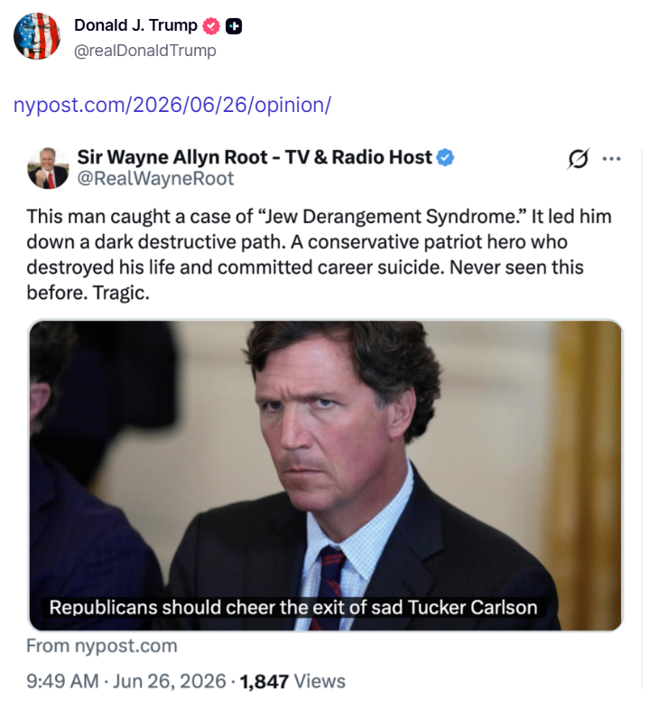 clashreport's tweet photo. Trump reposted an article about Tucker Carlson that claims Carlson has "Jew Derangement Syndrome." https://t.co/JWl94IDuuu