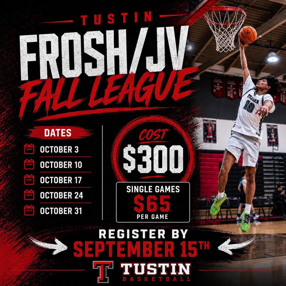 CoachJonAntolin's tweet photo. 🏀 Tustin Frosh/JV Fall League is Back!

Think your team is ready for the season? Compete against quality competition, prepare for league play, and get valuable game experience before the regular season begins.

📅 League Dates:
• October 3
• October 10
• October 17
• October 24
• October 31

💲 League Entry: $300 per team
🏀 Single Games: $65 per game
📝 Registration Deadline: September 15

Spots are limited and will be filled on a first-come, first-served basis.  We are looking forward to hosting you in the Barnyard Battleground this fall! 

@Mattyk31 @LACourtReport @FrankieBur @SteveFryer @RonMFlores @OCSportsZone @James_Escarcega @ScholSeries @latsondheimer @DavidDelgado_OC @SBLiveCA @ssectionstats @thevoiceof @tarek_fattal @CalHiSports @hoopscal @gerryfreitas @Devin_Ugland @ocprephoops @tustinathletics
