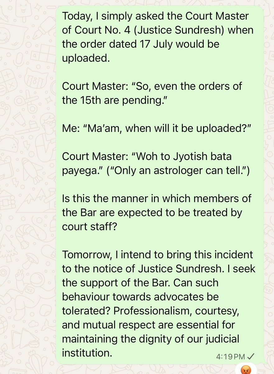simantaKm's tweet photo. Today’s takeaway “Woh to Jyotish bata payega.”If this is the official response to a lawyer seeking information about an order, then it appears that,at least for the uploading of orders,the Jyotish knows more than the system @SupremeCourtFan @LiveLawIndia @barandbench https://t.co/1CYaT91uln