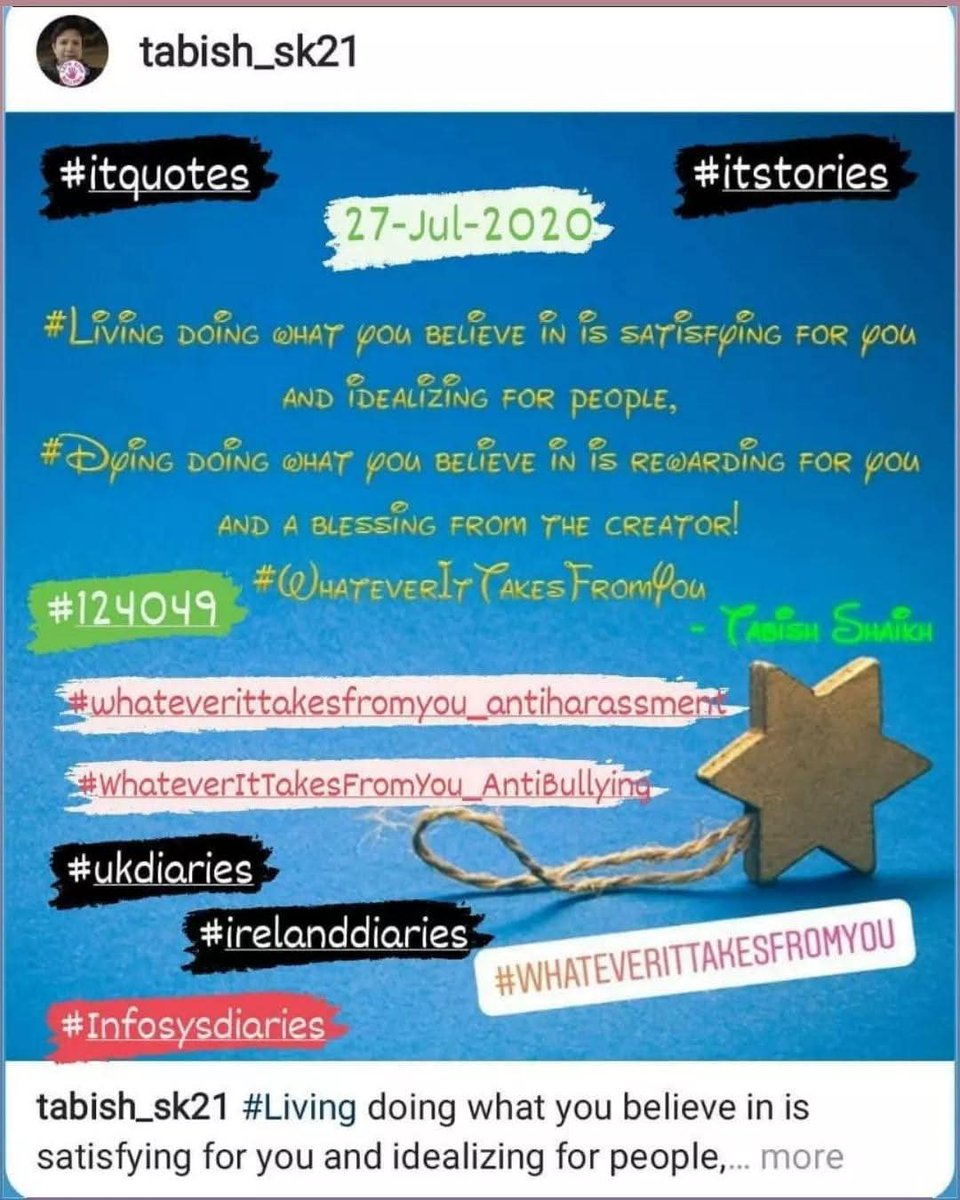TabishSk21's tweet photo. Living Doing what You Believe in is Satisfying for You and Idealizing for People,
Dying Doing what You Believe in is Rewarding for You and a Blessing from the Creator!
#WhateverItTakesFromYou
#InfosysDiaries
#amwriting
#ITquotes
#itstories
#itconfessions https://t.co/AY4gg1AfxT