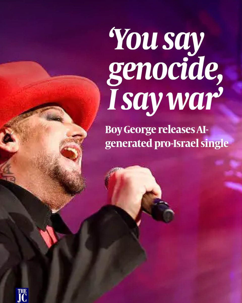 JewishChron's tweet photo. 🇮🇱 Boy George has released a hopeful, AI-generated song in support of Israel in the wake of October 7.

‘We Will Dance Again’ calls out fellow musicians for accusing the Jewish state of ‘genocide’ and ‘mouthing like sheep’.

🔗 Story linked below https://t.co/i0Uk4y2spz