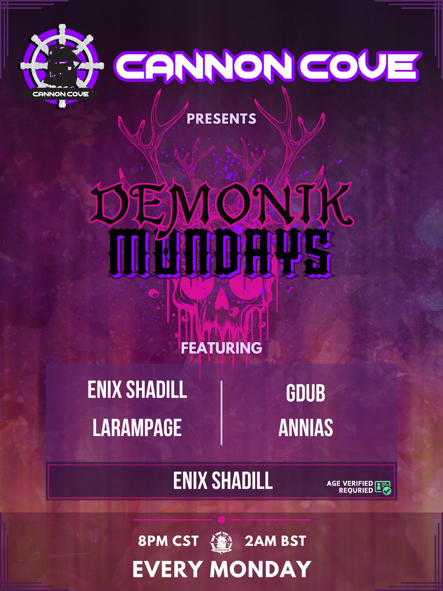 Cannon_Cove's tweet photo. Demonik Monday is tonight!
(all times CST)
SFW | DEMONIK MONDAY | 8PM-12AM
NSFW | DEMONIK MONDAY | 12-1AM |
AGE VERIFIED REQUIRED
DJs: 8PM–Enix Shadill 9PM- Gdub 10PM–Larampage 11PM–Annias 12AM–Enix Shadill
Hosts: CapelessGaming | Nightshade | RedSavvan https://t.co/2ZNDEAzFPV