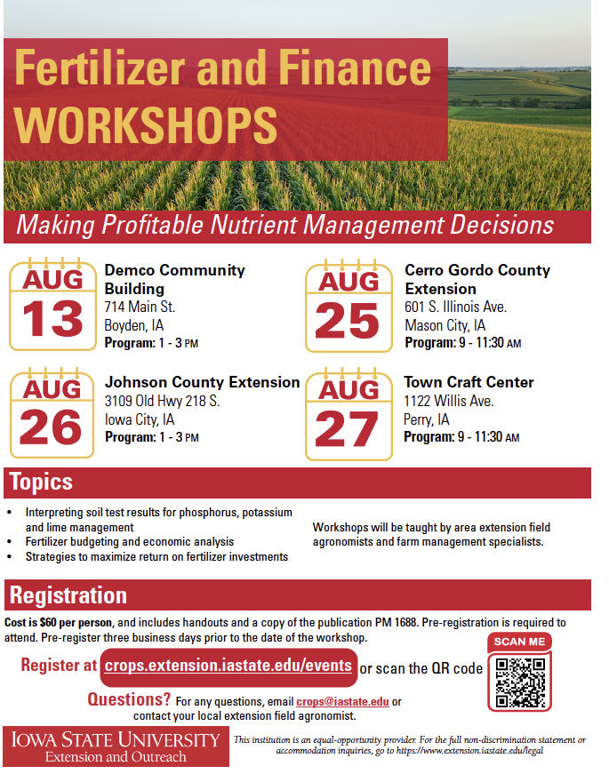 nciacrops's tweet photo. ISU Extension and Outreach is hosting 4 pre-harvest Fertilizer and Finance workshops. Global issues have fertilizer P and K prices on the rise.  Skipping a year of fertility is sometimes OK, but sometimes not. Registration is required.  #isucrops https://t.co/WOumVx0vG9