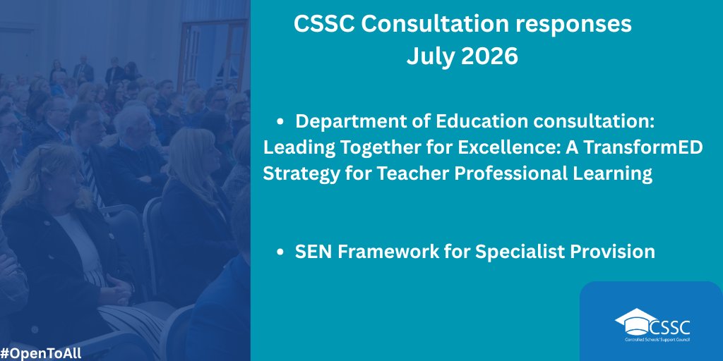 CSSC_NI's tweet photo. CSSC has submitted two consultation responses to Government in July. Our evidence-based submissions are informed by the voices of our member schools and leaders.   

Read all consultations➡️https://t.co/PMaVAp3NWI

#EducationNI | #OpenToAll | #ControlledSchools https://t.co/w4QIQVcQgT