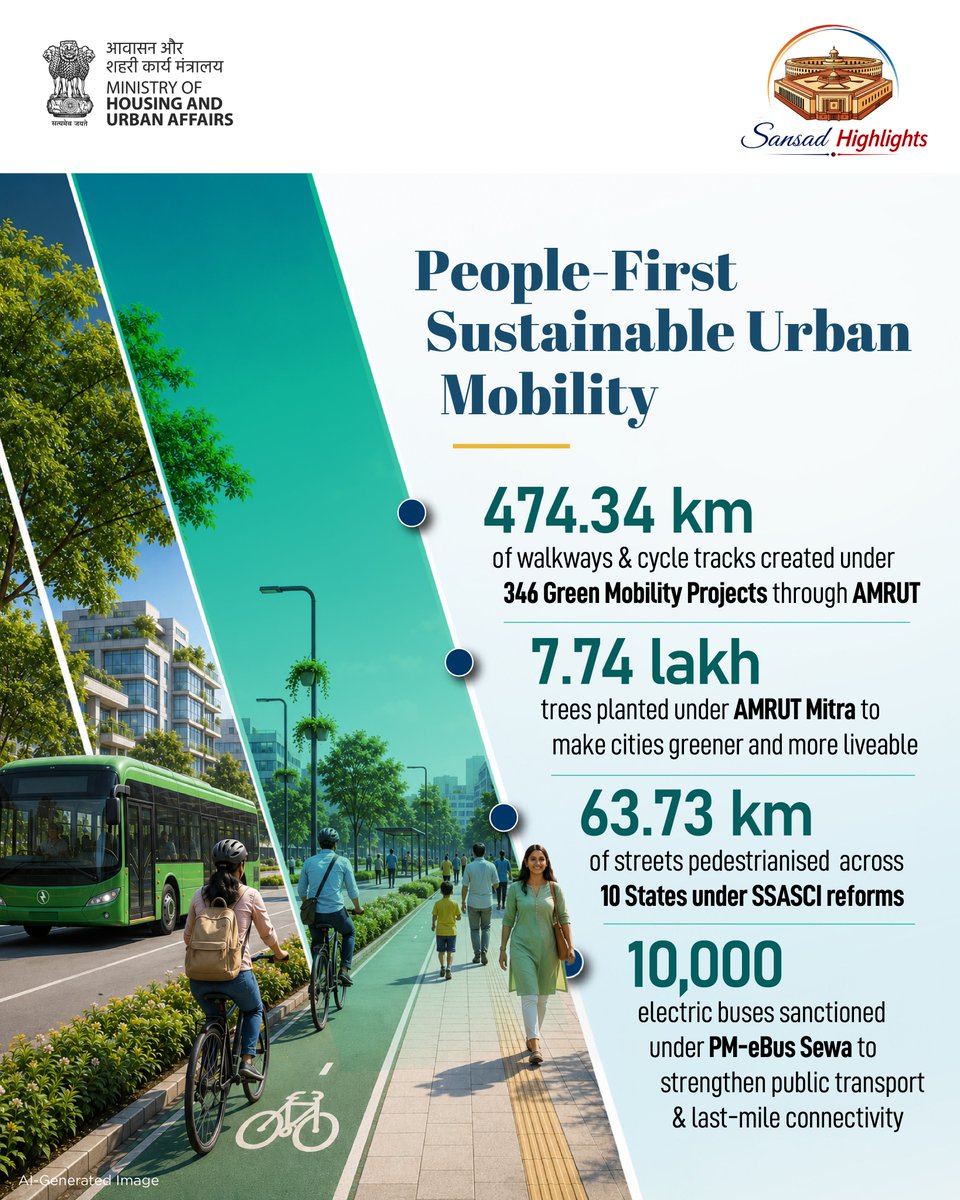 MoHUA_India's tweet photo. Under the leadership of Hon'ble Prime Minister Shri Narendra Modi, the Government is advancing people-centric urban design by supporting States in creating cities that are safer, greener and more connected.

From pedestrian-friendly streets and cycling infrastructure to greener public spaces and electric mobility, these efforts are transforming urban mobility across the country.

@PMeBusSewa @amrut_MoHUA
