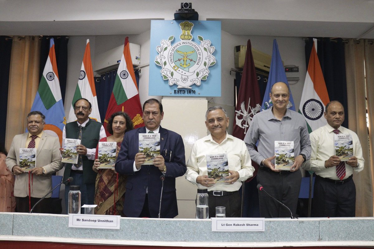 USIofIndia's tweet photo. Book launched on 27 Jul 2026 at #USI by Gen Anil Chauhan, former CDS, titled "War Is a True Chameleon: Strategising for Future Wars" by @rakesharma15 under the General Bipin Rawat Chair of Excellence, with discussion moderated by @SandeepUnnithan
@SpokespersonMoD @HQ_IDS_India https://t.co/78oHTuRM79