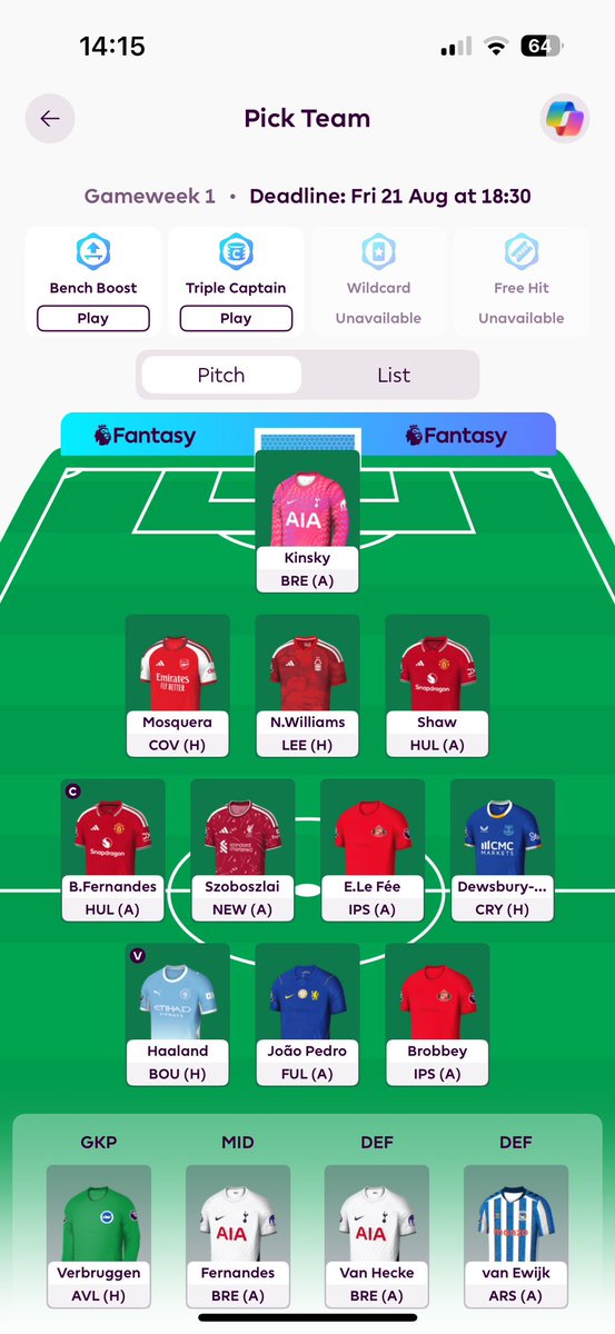 THFCJPVH05's tweet photo. @LetsTalk_FPL Pretty happy with this GW1 team. Bruno gets the captaincy as I think he’ll be at the heart of everything United do. Im also backing KDH to be apart of most of Everton’s goals. Kinsky i am also backing to get better due to spurs’ defence improving heavily. Not sure on formation. https://t.co/yYXYxKyScl