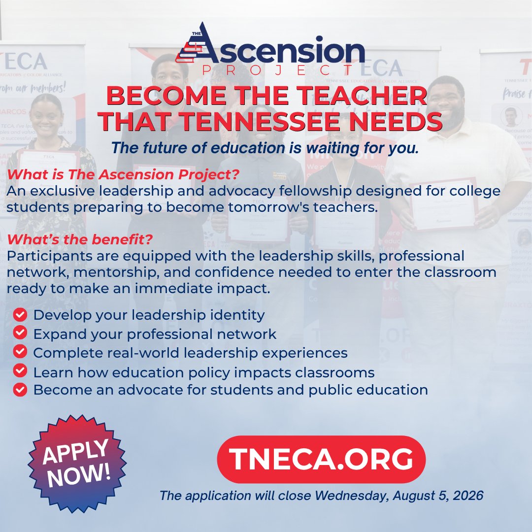 TNEdColorAllies's tweet photo. 🗣️ 26-27 apps are open for The Ascension Project and TECA Fellowship! 
Our professional &amp; culturally relevant programs develop leadership skills, provide mentorship, explore real-world experiences, &amp; promote education advocacy.

Apply by Weds, August 5 at https://t.co/Zip2bMTH8k! https://t.co/aVtBtqDFGq