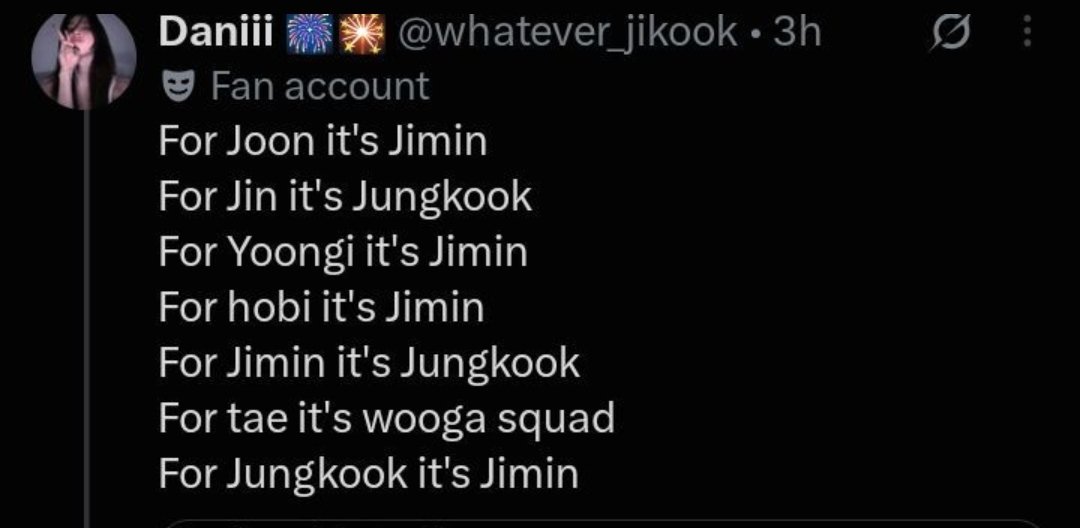 sugurukoo's tweet photo. for Joon it's jin
for jin it's jungkook 
for yoongi it's hobi
for hobi it's taekook
for jimid it's daeun 
for tae it's jungkook
for jungkook it's taehyung only https://t.co/NhoxaMIdqA