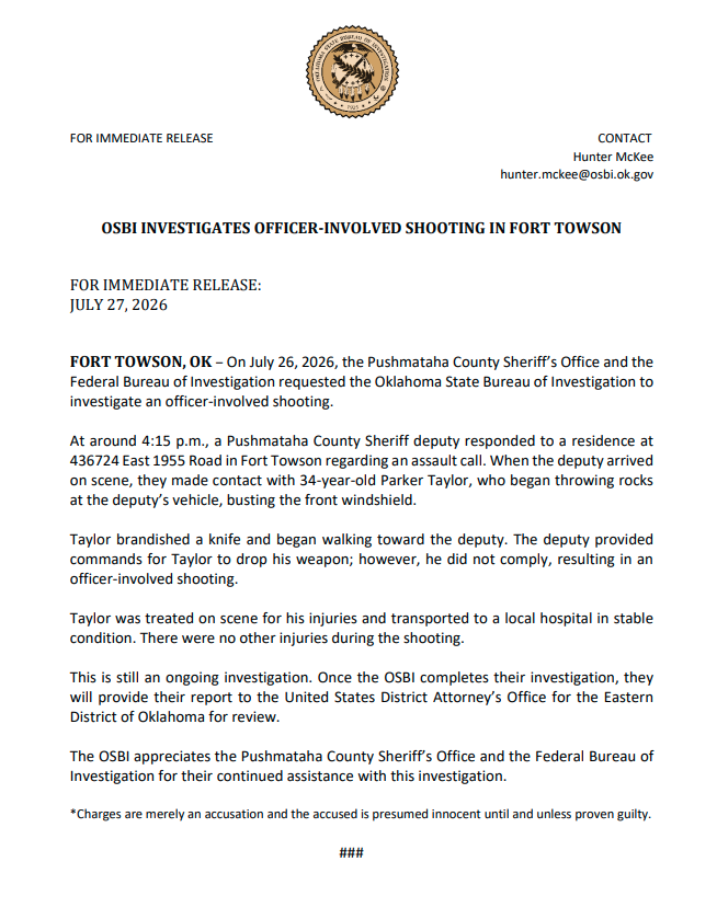 OSBI_OK's tweet photo. OSBI INVESTIGATES OFFICER-INVOLVED SHOOTING IN FORT TOWSON

#OSBI #OneTeamOneMission @FBI https://t.co/m339VZfBj5