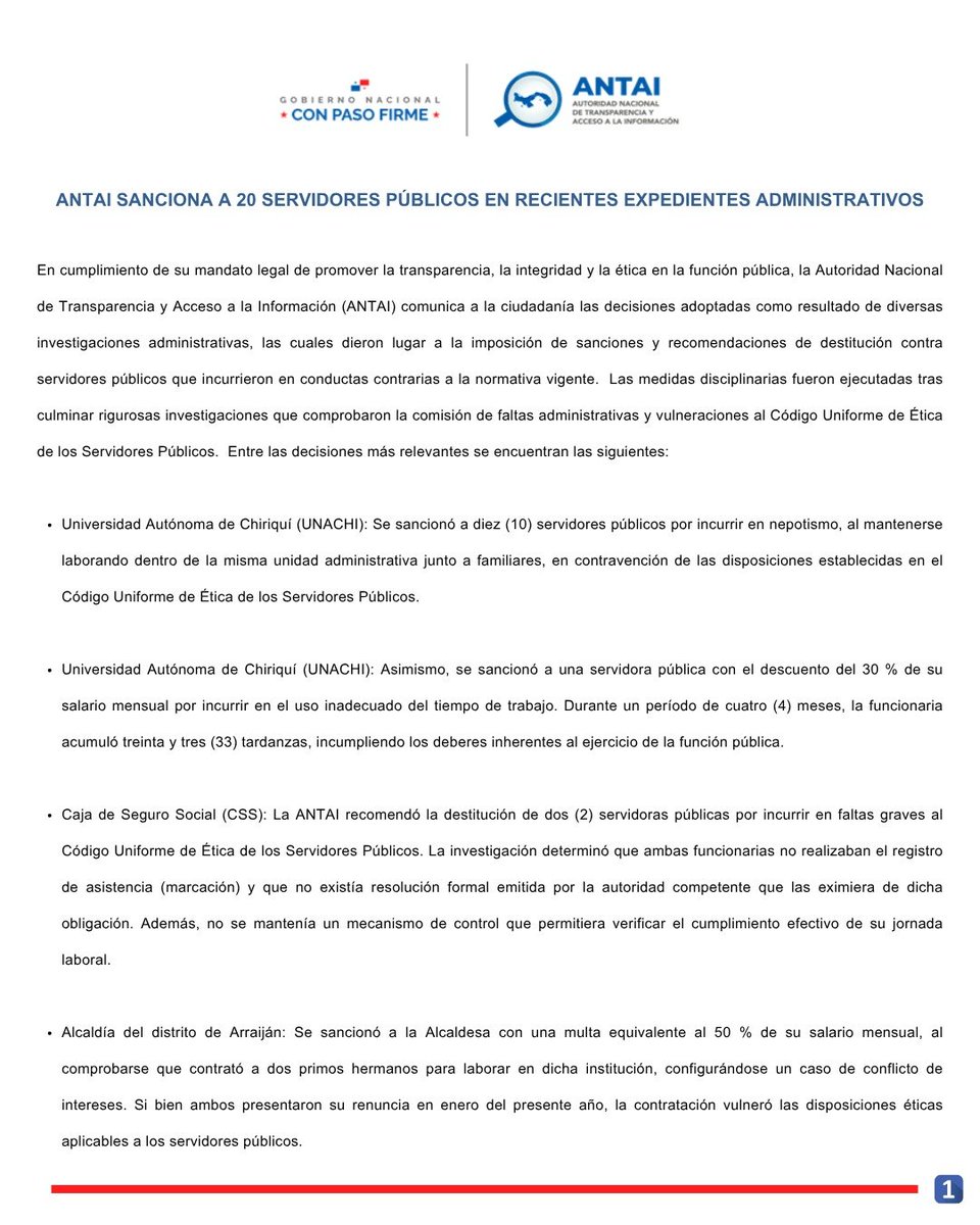 KWCONTINENTE's tweet photo. La ANTAI sancionó y recomendó la destitución de 20 servidores públicos por presuntos casos de nepotismo, conflictos de interés, incumplimiento de funciones y violaciones al Código de Ética en la UNACHI, CSS, DGI, INADEH, MEDUCA y la Alcaldía de Arraiján. #NacionalesKW https://t.co/OybucTl8Yj