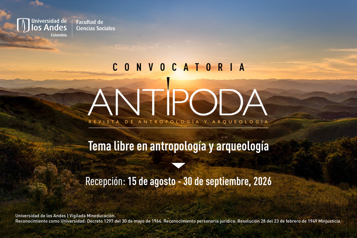 RevistasUAndes's tweet photo. Próxima #convocatoria de tema libre en #antropología y #arqueología de Antípoda

📣 ¡Bienvenidos a participar y a compartir! 🌟

Términos 👉 https://t.co/vQgKJZdPSO

#AmericaLatina #SocialScience  #LatinAmerica #CienciasSociales 
@facisouniandes https://t.co/MTjVDkBbAq