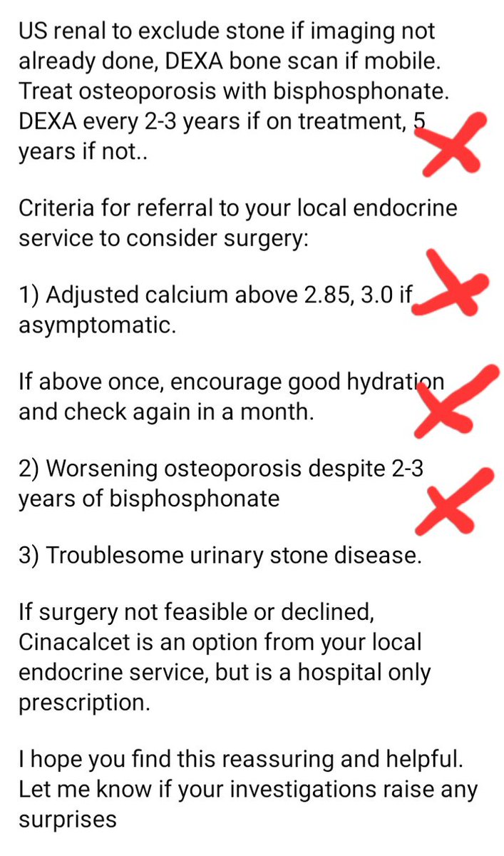 SpSallie's tweet photo. The lady in #Cheshire with Adj calcium 2.8 &amp; a kidney stone, whose GP declined a referral to a #parathyroid surgeon but got advice from a local #diabetician. His advice below. We hope he's close to retirement and that the GP sees sense. #PAM2026 https://t.co/8TIqVnqsTc