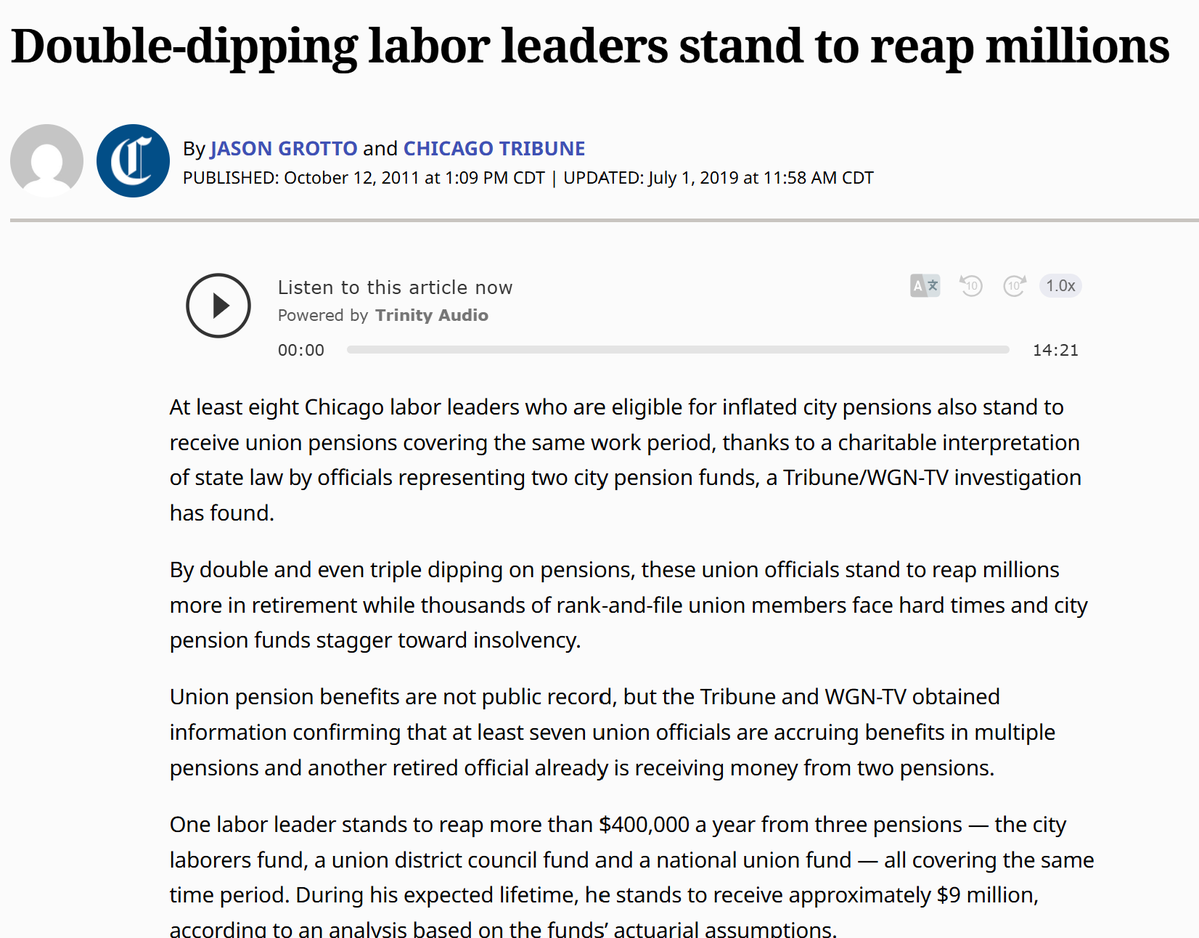 CitizenVMachine's tweet photo. While we're on the subject of Chicago pensions...

Would you believe me if I told you the top two beneficiaries in the Chicago Laborers Pension Fund (LEABF) didn't really work for Chicago?

Liberato Naimoli and James McNally 

Both union executives. Used pension loophole. https://t.co/ZfgzPkCdSB