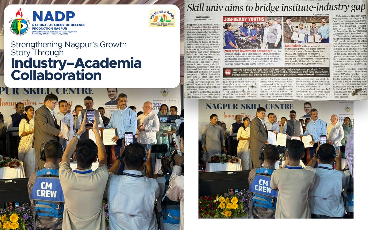 nadpnagpur's tweet photo. NADP partners with AID! 🤝
An MoU was signed by Shri Ashish Kale (AID) &amp; Dr. J P Dash (NADP) in the presence of Shri @nitin_gadkari &amp; Shri @Dev_Fadnavis.
This boosts industry-academia collaboration, internships, &amp; placement opportunities for PGDM students in Nagpur.
#NADP #Nagpur https://t.co/CciuOgTTMI