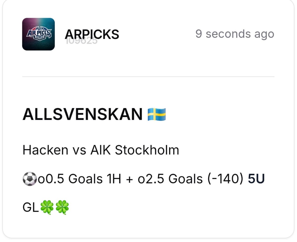 ARPicks_'s tweet photo. 🔔
Hacken vs AlK Stockholm🇸🇪
⚽️o0.5 Goals 1H + o2.5 Goals (-140) 5U
GL🍀🍀 https://t.co/mgQ24Nr3UG