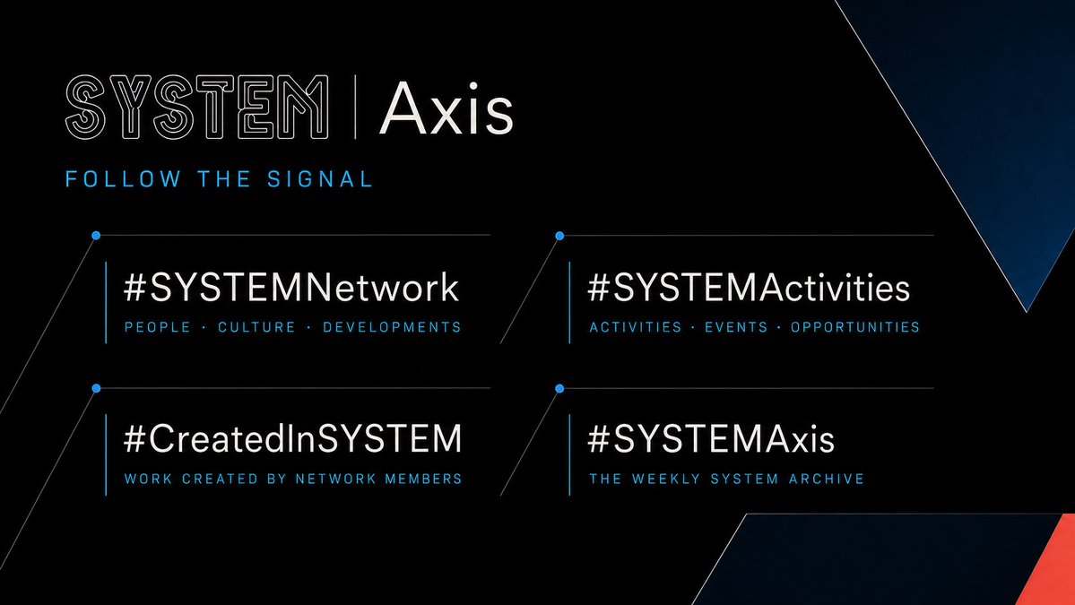 SYSTEMPortal's tweet photo. SYSTEM Hashtags

Find the part of SYSTEM you are looking for:
#SYSTEMNetwork - people, culture, and Network developments
 #SYSTEMActivities - activities and participation opportunities
 #CreatedInSYSTEM - work created by Network Members
 #SYSTEMAxis - weekly editions and the Axis archive

Follow the signal. Find your way through SYSTEM.