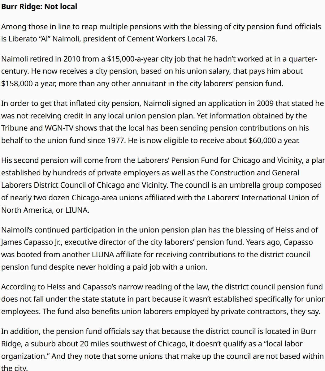 CitizenVMachine's tweet photo. While we're on the subject of Chicago pensions...

Would you believe me if I told you the top two beneficiaries in the Chicago Laborers Pension Fund (LEABF) didn't really work for Chicago?

Liberato Naimoli and James McNally 

Both union executives. Used pension loophole. https://t.co/ZfgzPkCdSB