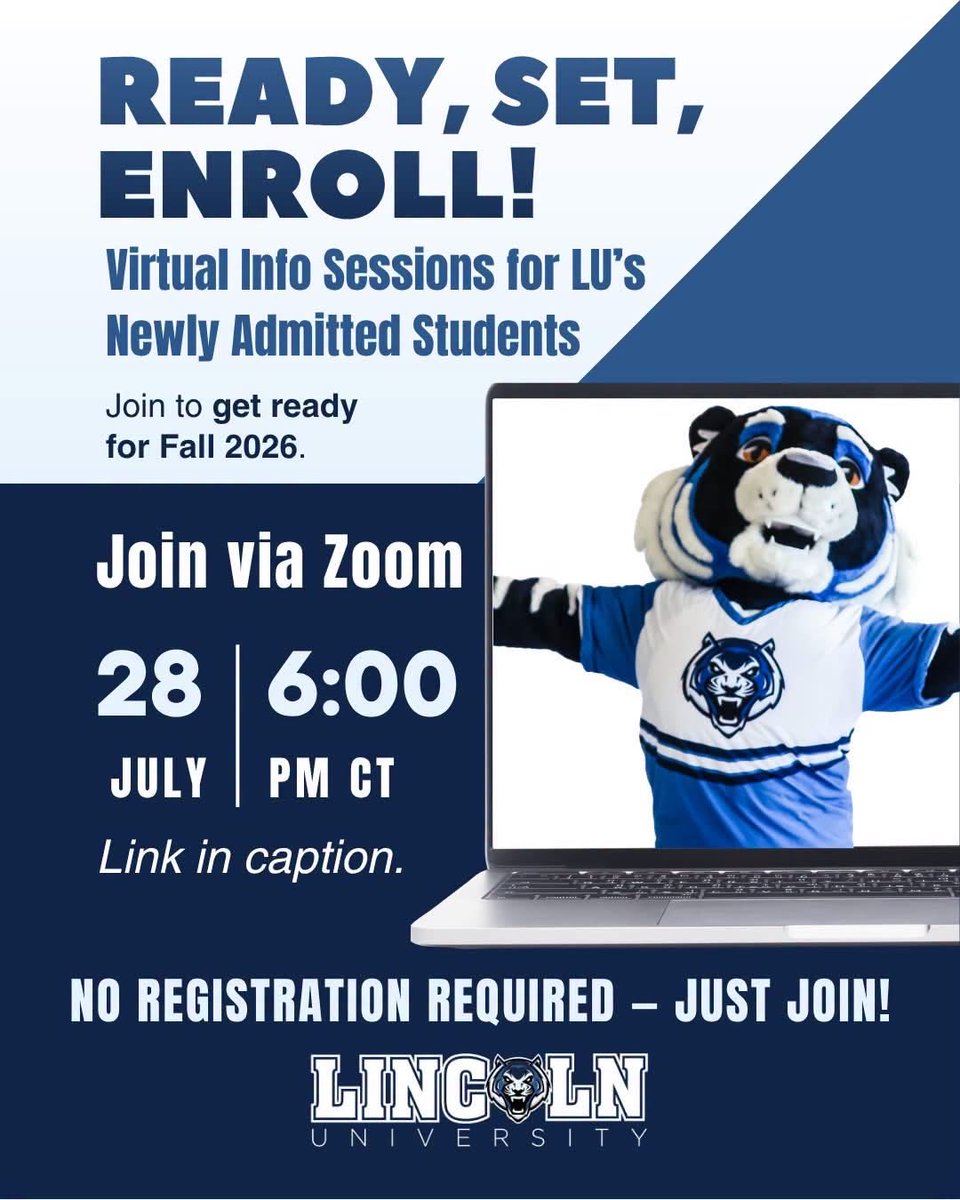 LUBlueTigers's tweet photo. 📣 Happening TOMORROW! 🐯💙

READY, SET, ENROLL! Join our virtual info session for newly admitted LU students and get ready for Fall 2026.

📅 Tuesday, July 28 🕕 6 p.m. CDT 🔗 https://t.co/h8doqRvdHK

No registration required! 
#LUMO #FutureBlueTiger #Fall2026 https://t.co/xIxWB5i3k4