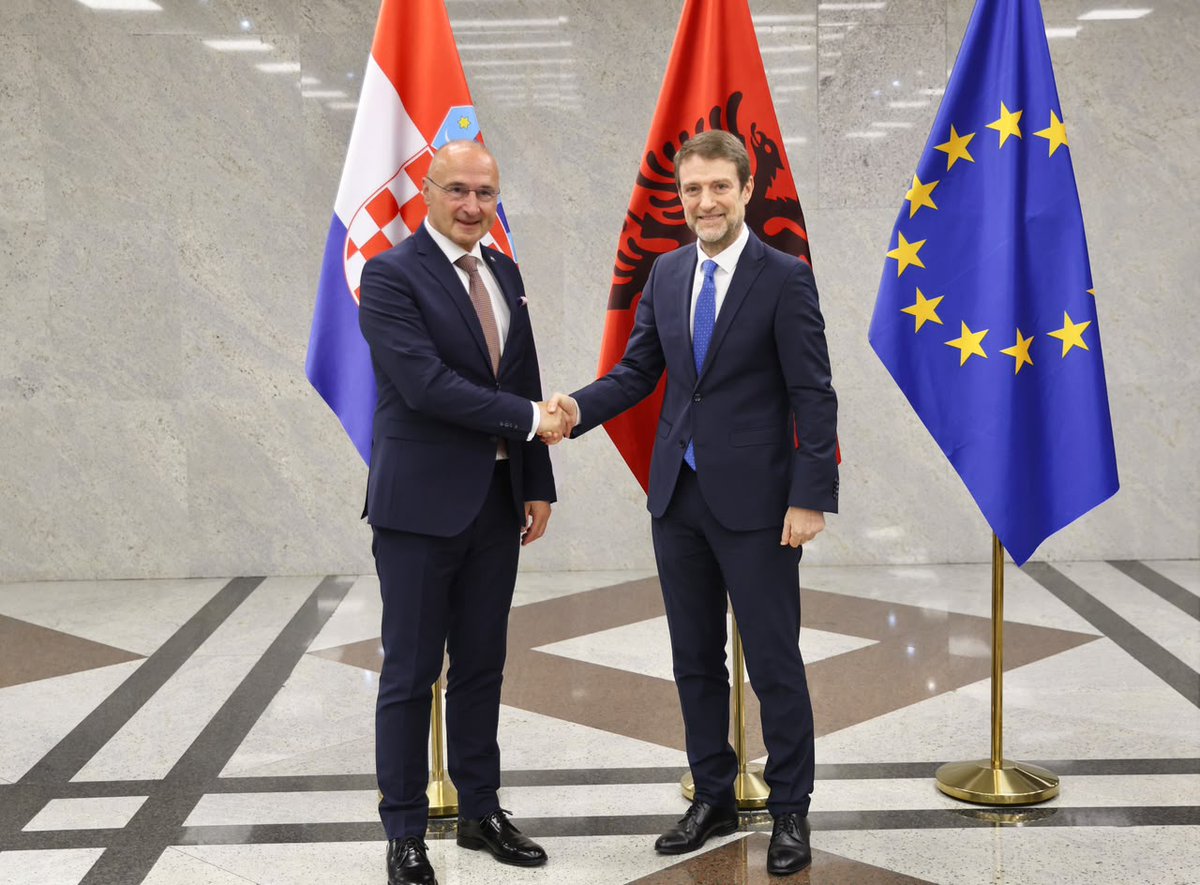 HoxhaFer's tweet photo. It was a pleasure to welcome to Tirana my colleague and friend, the Minister of Foreign and European Affairs of Croatia, @grlicradman. 🇦🇱🇭🇷

Our discussions reaffirmed the excellent relations between #Albania and #Croatia and our shared commitment to further strengthening our strategic partnership built on shared values, mutual trust, and a common vision for cooperation, peace and stability in the region and #Europe.

Croatia’s steadfast support for Albania’s EU #accession remains invaluable. We highly appreciate its continued support as well as the practical expertise, which further strengthens our determination to advance reforms and achieve our goal of completing accession negotiations by 2027 and full EU membership by 2030. 

We also agreed to deepen our economic partnership by promoting investment and expanding cooperation in key areas such as energy, infrastructure, tourism, connectivity and mobility. Advancing strategic projects and strengthening regional integration will create new opportunities for sustainable growth, competitiveness, and shared prosperity.

As #NATO Allies and close regional partners, Albania and Croatia remain firmly committed to advancing peace, stability, and a secure Euro-Atlantic future. 

We will continue to strengthen regional cooperation, support the European perspective of all #WesternBalkans countries, and contribute to lasting security, stability, and prosperity in our region.