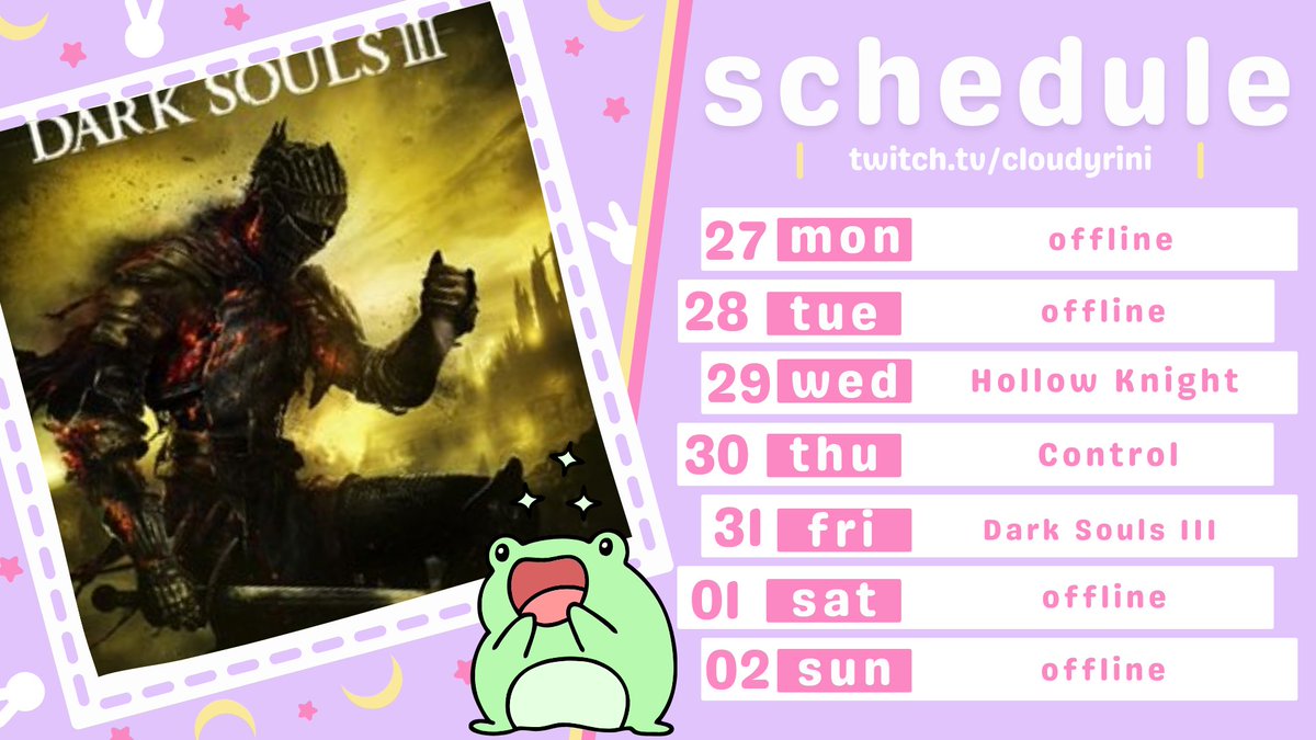 cloudyrini's tweet photo. Wednesday Hollow Knight 7:00 AM EDT
Thursday Control 7:00 AM EDT
Friday Dark Souls III 10:00 AM EDT
#streamschedule #twitchschedule
🐸 #cloudyrini
See you #intheclouds 💖 https://t.co/HWCZ69lvry