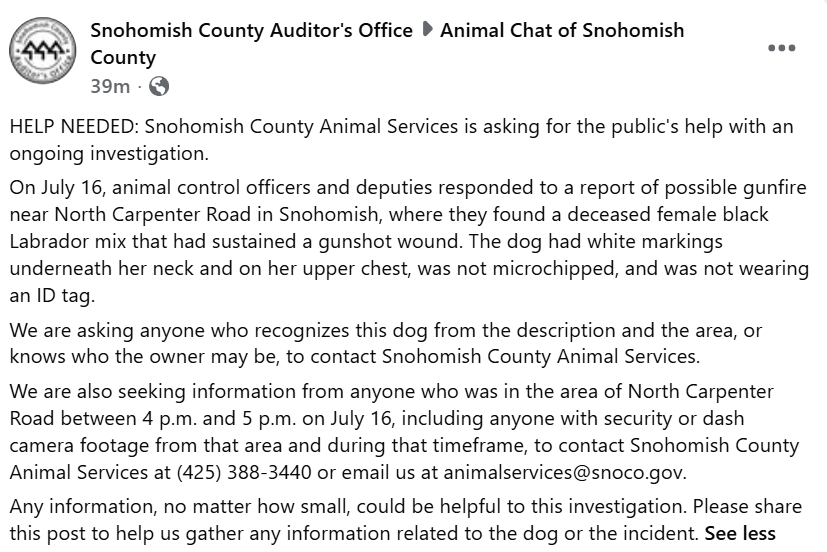 sfargon's tweet photo. HELP NEEDED: Snohomish County Animal Services is asking for the public's help with an ongoing investigation. https://t.co/pmKUd2TUye
