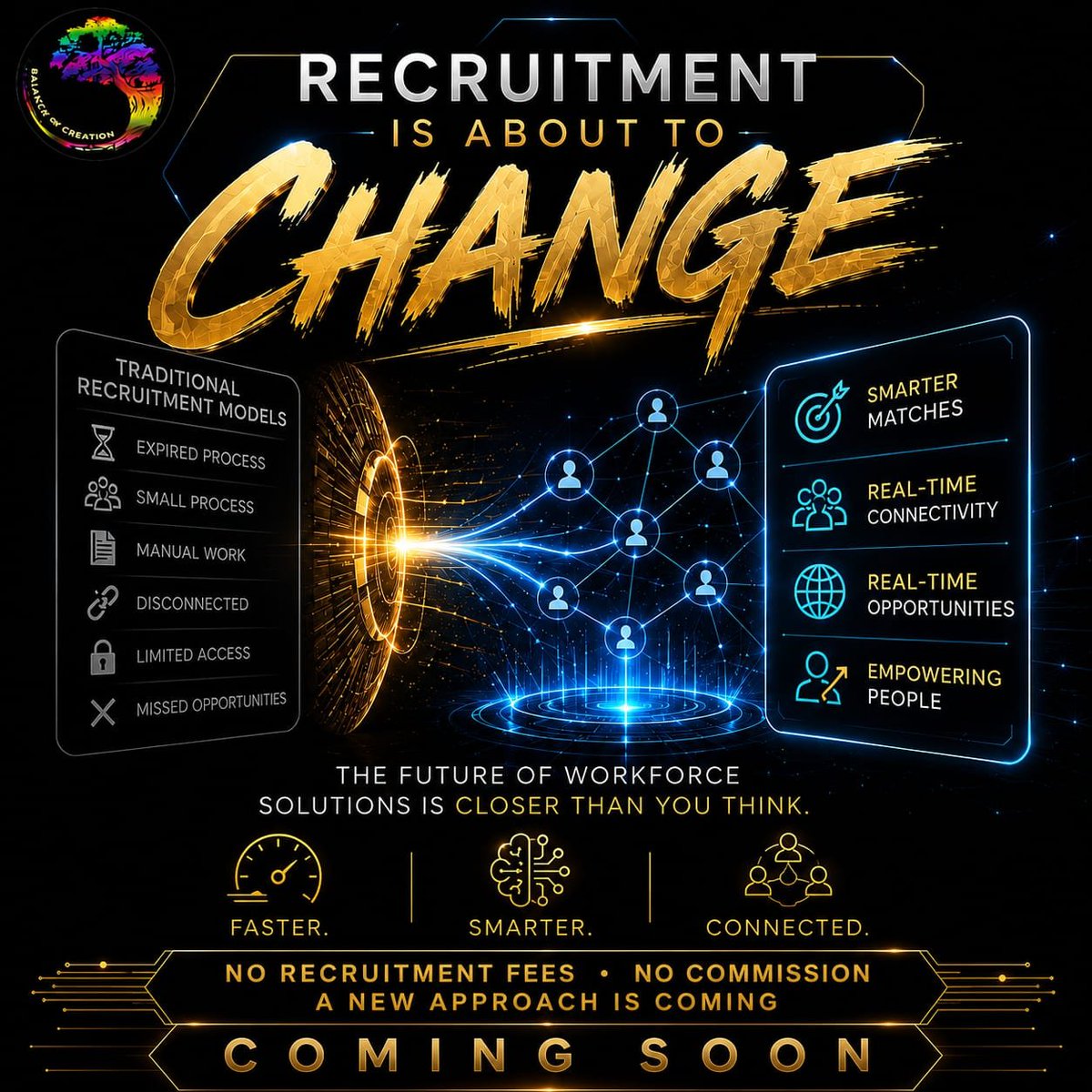 AgencyBoc's tweet photo. Recruitment is about to change.
Smarter.
Faster.
Connected.
The future of workforce solutions is closer.
Coming Soon.
#recruitment
#futureofwork
#BalanceOfCreation
#comingsoon https://t.co/zxpaXmEDlF