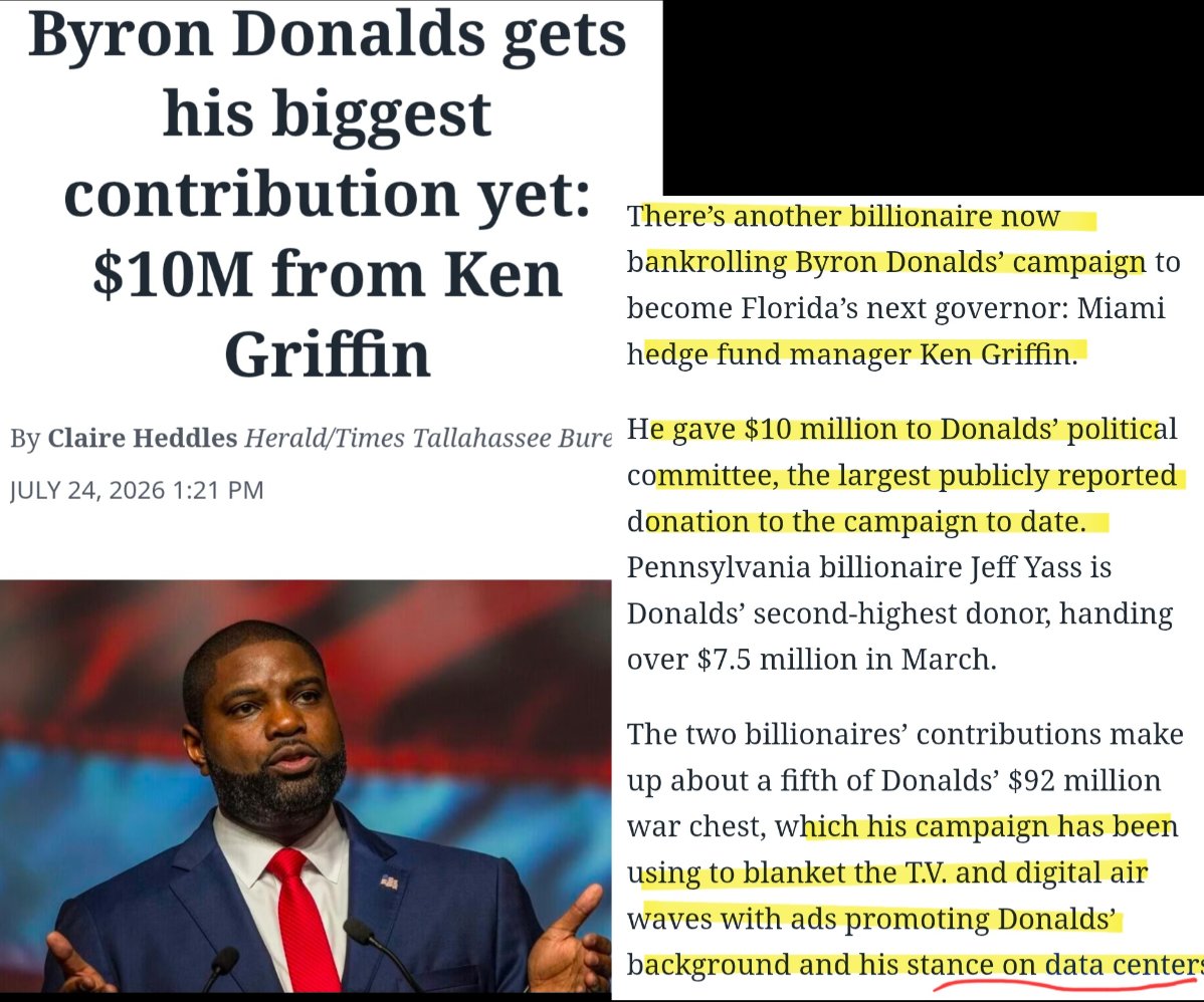 stephmase22's tweet photo. 📣📣 KEN GRIFFIN BECOMES BYRON DONALDS LARGEST DONER‼️

Byron Donalds gets his biggest contribution yet. 
10 Million from Ken Griffin.

Donalds has admitted to being a drug dealer and served 2 year probation for felony for bribery in a bank fraud scheme. He has flip flopped on many issues and even political parties. He has also been profiting from insider trading and currently serves on the House Committee Financial services.

NOW YOU KNOW WHY MARKET MANIPULATION IS OUT OF CONTROL