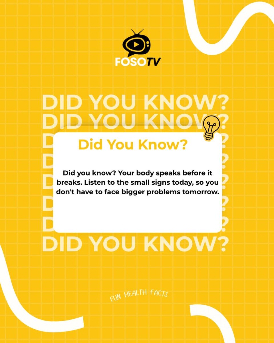 FosoTv's tweet photo. Your health is one of God's greatest gifts, and taking care of it is an act of good
stewardship.
Don't ignore persistent tiredness, headaches, poor sleep, or unusual body changes.
Small symptoms can be your body's way of asking for attention before they become
something more serious.
Take time to rest, eat nourishing foods, stay hydrated, exercise regularly, and seek
medical advice when something doesn't feel right.
Your health matters because you matter. 💚
#FOSOTV #HealthTips #HealthyLiving #Wellness #Prevention #TakeCareOfYourHealth