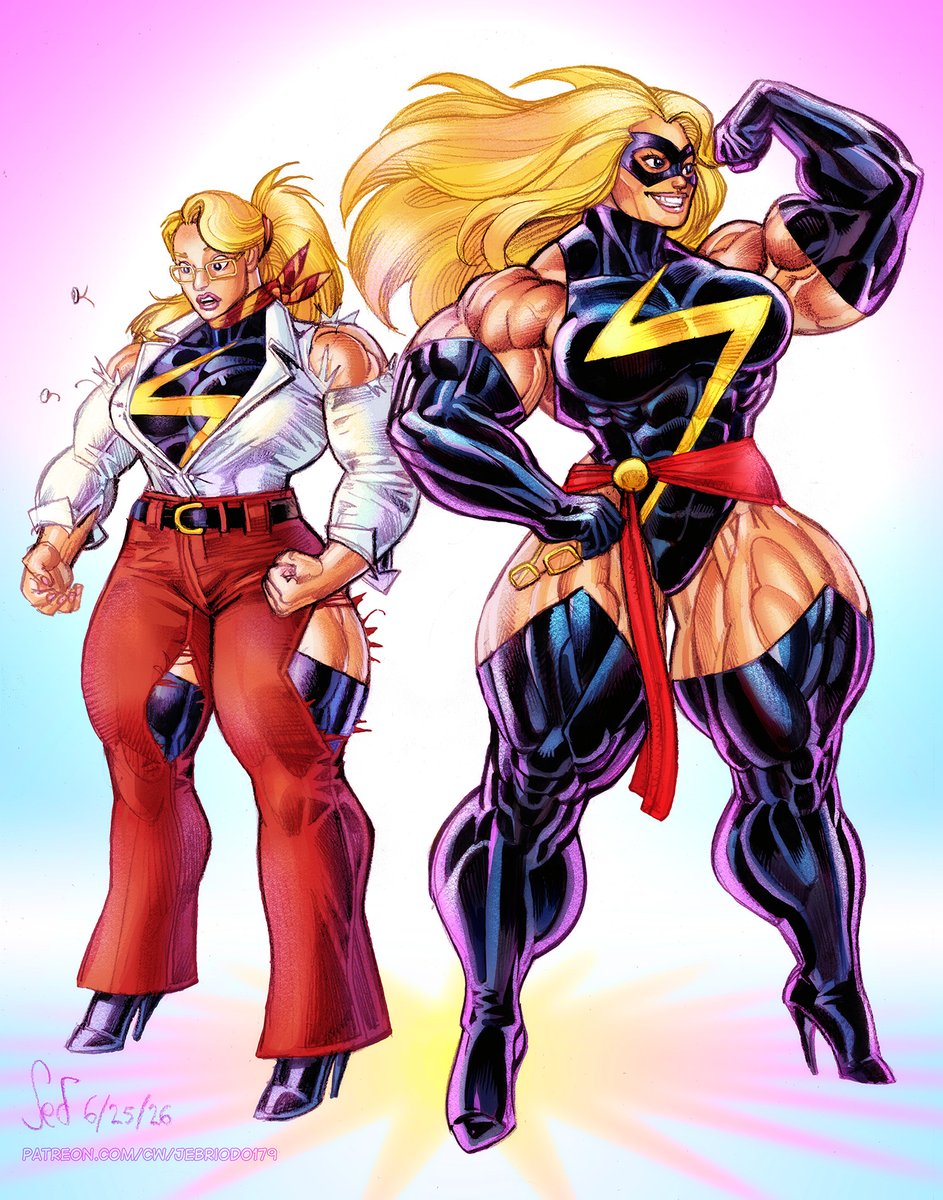 jebriodo's tweet photo. Carol Danvers and Ms Marvel

2026 color sketch commission for CrimsonFlamingo of Ms Danvers transforming into a very muscley marvel. https://t.co/UeeIWhInNn