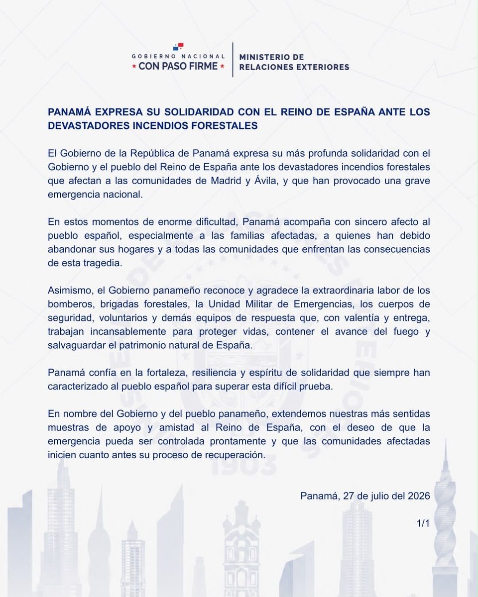 KWCONTINENTE's tweet photo. El Gobierno de Panamá manifestó su solidaridad con el Reino de España ante los incendios forestales que afectan las comunidades de Madrid y Ávila. Además, reconoció la labor de los equipos de emergencia y expresó su respaldo al pueblo español durante esta crisis. #NacionalesKW https://t.co/cKYfr0Ka8E