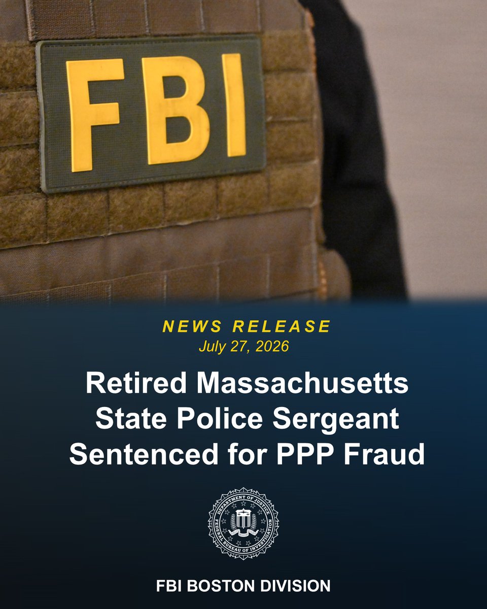 FBIBoston's tweet photo. Retired @MassStatePolice Sgt. Damian Halfkenny, of Boston, has been sentenced & has been ordered to pay a $5,000 fine & more than $21,000 in restitution for fraudulently obtaining a #COVID19 @SBAgov Paycheck Protection Program loan which was later forgiven. Learn more about this #FBI Boston investigation: https://t.co/05ITxdgcQC