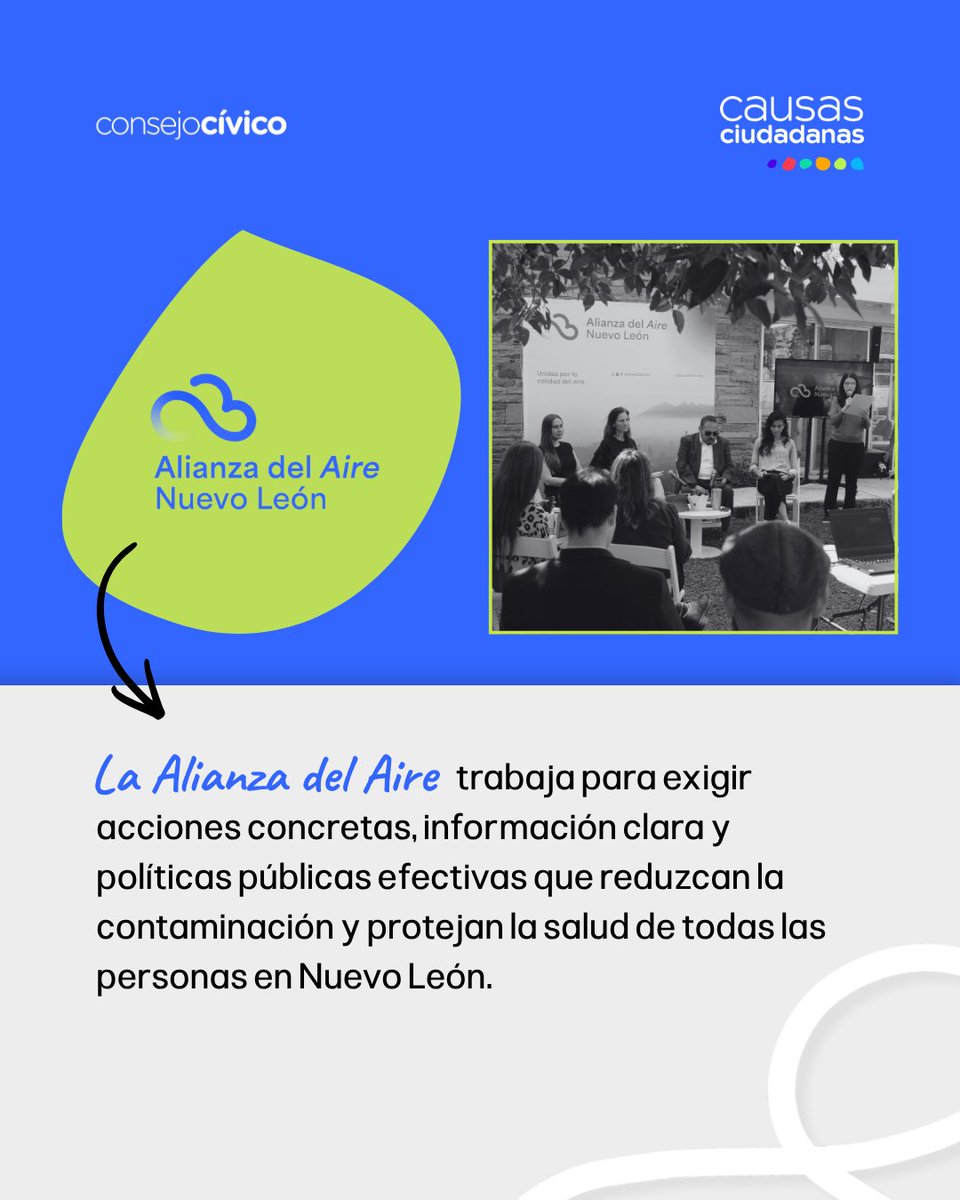 CausasCC's tweet photo. Desde Causas Ciudadanas articulamos y acompañamos a la @alianzadelaire, una red que suma voces, conocimientos y esfuerzos para impulsar soluciones frente a la contaminación del aire en Nuevo León.

Síguelos y conoce cómo puedes sumarte. #Monterrey 

 #CalidadDelAire https://t.co/l6GOt4gXV4