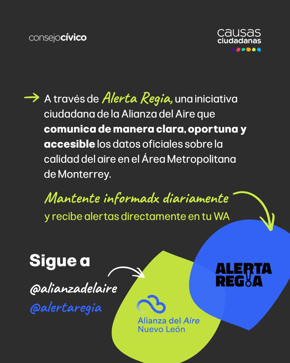 CausasCC's tweet photo. Saber qué aire respiramos también es una forma de cuidar nuestra salud.

Súmate a Alerta Regia y recibe por WhatsApp información clara, oportuna y accesible sobre la calidad del aire en el Área Metropolitana de Monterrey.

#CalidadDelAire https://t.co/K1ufjL9LjV