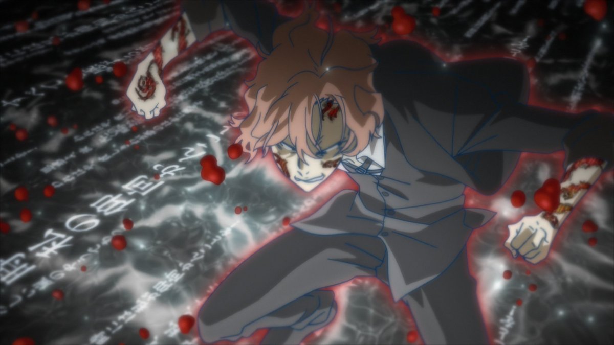 MiniMafioso's tweet photo. Friend of mine who can read this text better than I noticed something;

The text around Dazai while within the dragon is likely from works by Shibusawa

When the dragon is defeated the text changes into Chuuya's works. You can even see Corruption marks floating in the background! https://t.co/PeslRqNgsr