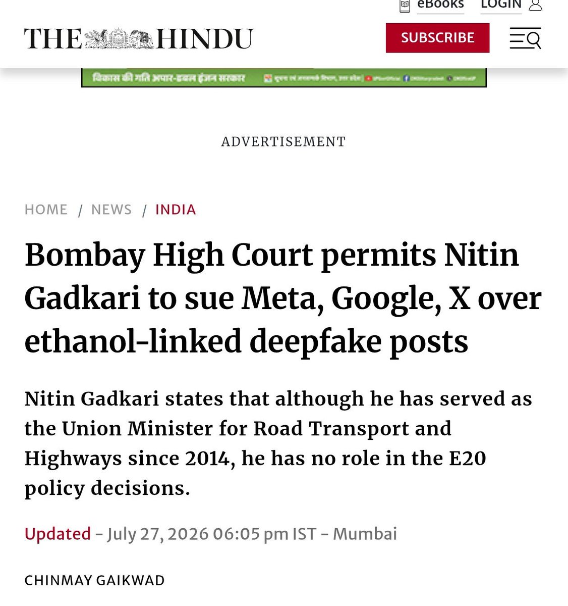 VertigoWarrior's tweet photo. Big tech accountability? Bombay HC allows Union Minister Nitin Gadkari to sue Meta, Google, &amp; X over deepfake posts regarding the E20 policy. A significant legal step against AI-generated misinformation. 🇮🇳📱 https://t.co/Yv2N5Ztzfi